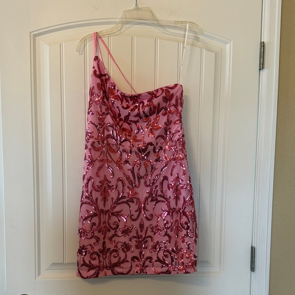 Lulu's Pink Sequin Design Off Shoulder Mini Formal Dress